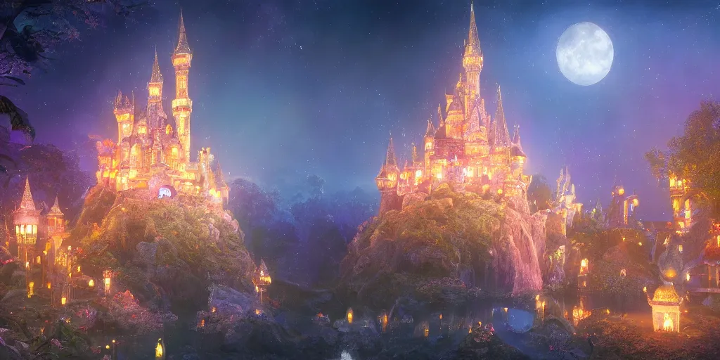 Image similar to a glittering fairy castle at night, extremely detailed oil painting, unreal 5 render, fantasy digital art, octane render, beautiful composition, trending on artstation, award-winning photograph, masterpiece