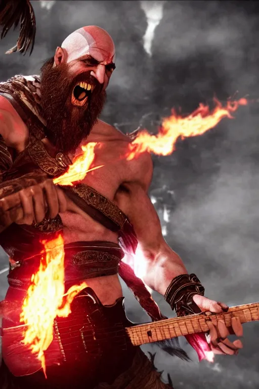 Image similar to screaming kratos rocking out on a flaming stratocaster guitar, cinematic render, god of war 2 0 1 8, playstation studios official media, lightning, flames, red facial stripe, red facial stripe, red facial stripe, clear, coherent