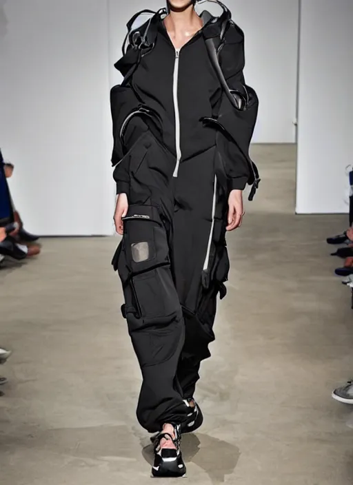 Prompt: a portrait of a model detailed features wearing a cargo wedding dress - sporty, sleek, tech utility - chic trend. lots of zippers, pockets, synthetic materials, jumpsuits chic'techno fashion trend by issey miyake and balenciaga