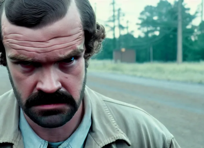 Image similar to film still of jim hopper as dustin henderson in stranger things, 8 k