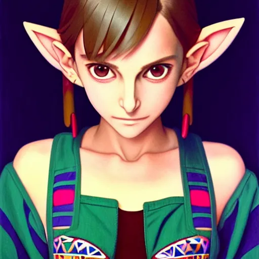 Image similar to beautiful boyish natalie portman gravure model in majora's mask, wearing big mayan bomber jacket with overalls and leotard, big bomber jacket with subtle mayan patterns, aztec bathing suit, gapmoe yandere grimdark, trending on pixiv fanbox, painted by greg rutkowski makoto shinkai takashi takeuchi studio ghibli, akihiko yoshida