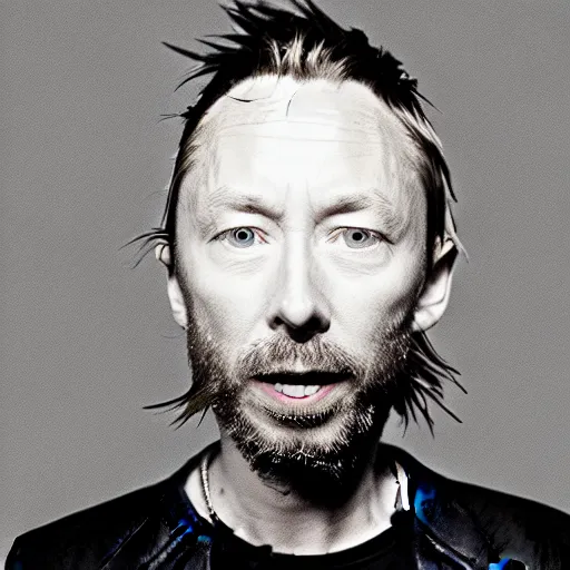 Image similar to Thom Yorke, Thom Yorke, Thom Yorke, holding the moon upon a stick, with a beard and a black jacket, a portrait by John E. Berninger, dribble, neo-expressionism, uhd image, studio portrait, 1990s