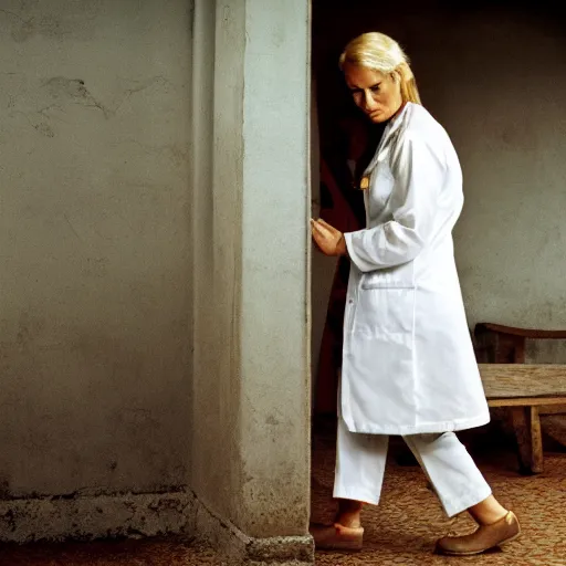 Image similar to nurse, blond, in white coat, wearing mary jane shoes, by steve mccurry, wallpaper, highly detailed