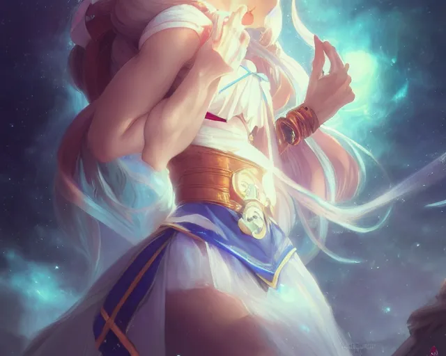 Image similar to photography of sailor moon, deep focus, d & d, fantasy, intricate, elegant, highly detailed, digital painting, artstation, concept art, matte, sharp focus, illustration, hearthstone, art by artgerm and greg rutkowski and alphonse mucha