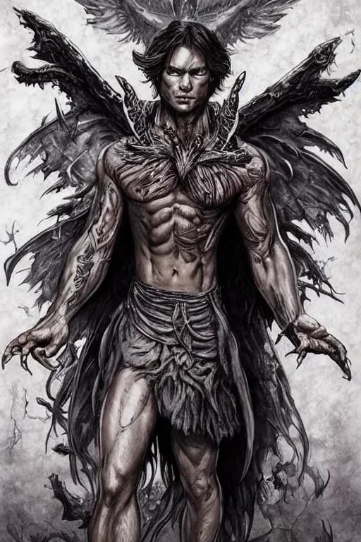 Image similar to front portrait of attractive sam winchester as a muscularshaman with demon wings wide open, teared apart shirt whole body tattooed with runes and symbols, d & d!, fantasy style, sharp focus!, ultra detailed, art by artgerm and peter andrew jones, wlop