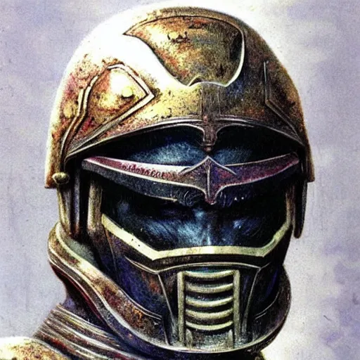 Image similar to space marine in dark plated armor concept, wearing ancient war helm, beksinski