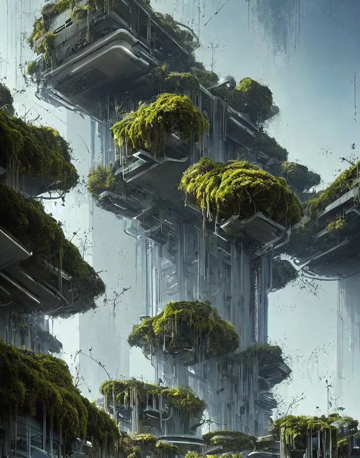 Image similar to concrete architecture with moss and ivy growing all over, many antennas and towers, futuristic, late afternoon light, wispy clouds in a blue sky, by frank lloyd wright and greg rutkowski and ruan jia