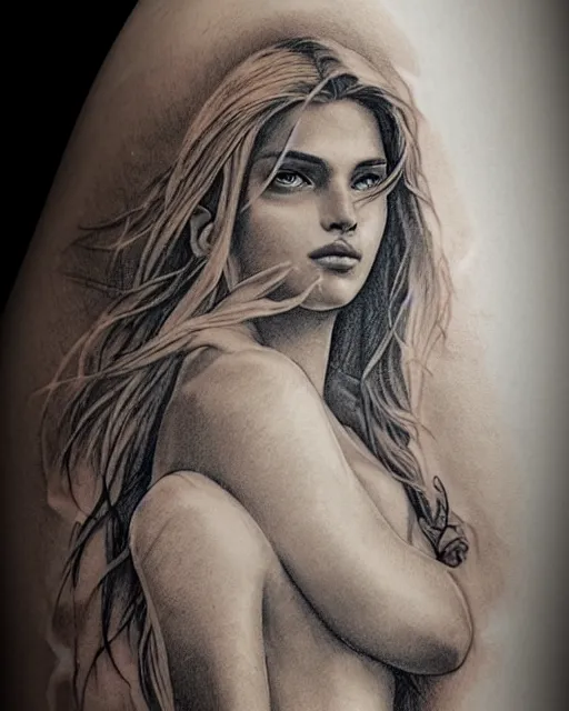 Image similar to tattoo sketch of beautiful greek goddess aphrodite with arrowhead earrings, beautiful piercing eyes, flowing blonde hair, realistic face, hyper realistic, in the style of greg rutkowski, fantasy, amazing detail, epic, intricate, elegant, smooth, sharp focus