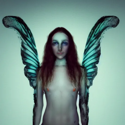 Prompt: the pale decaying beautiful girl with the most evil glowing wings