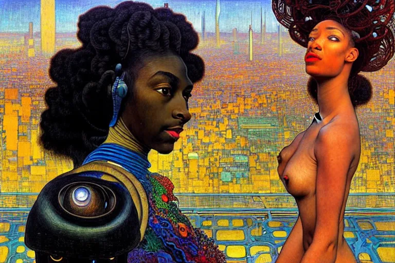 Image similar to realistic extremely detailed closeup portrait painting of a beautiful black woman in a dress with a robot, city street on background by Jean Delville, Amano, Yves Tanguy, Ilya Repin, Alphonse Mucha, William Holman Hunt, Ernst Haeckel, Edward Robert Hughes, Roger Dean, rich moody colours