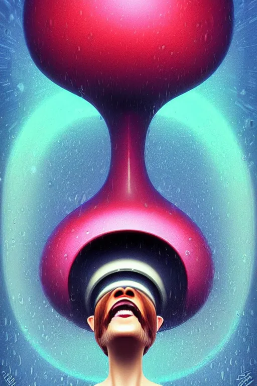 Image similar to art deco close up portait of mushroom head with big mouth surrounded by spheres, rain like a dream digital painting curvalinear clothing cinematic dramatic fluid lines otherworldly vaporwave interesting details epic composition by artgerm