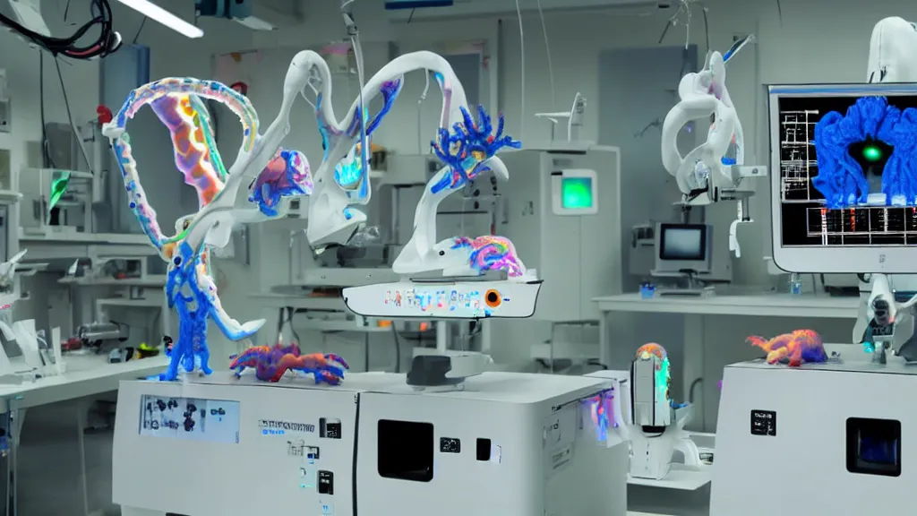 Image similar to a complex bifurcated surgical arm hybrid mri 3 d printer machine making colorful mutant forms with control panels in the laboratory inspection room, film still from the movie directed by denis villeneuve with art direction by salvador dali, wide lens