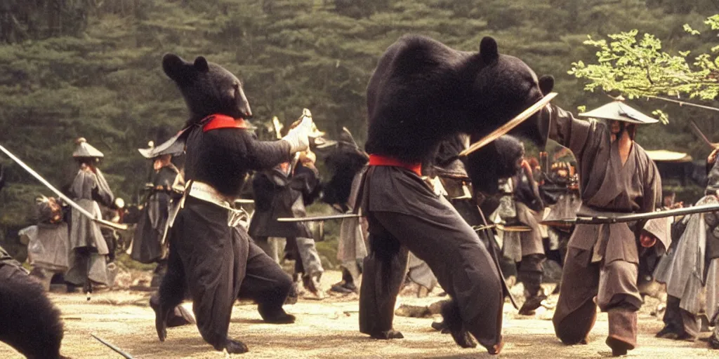 Image similar to scene from Shogun’s Shadow, 1989, movie still, cinematic, anthropomorphic, half man half asian black bear, black bear samurai, Moon Bear Samurai, epic, samurai