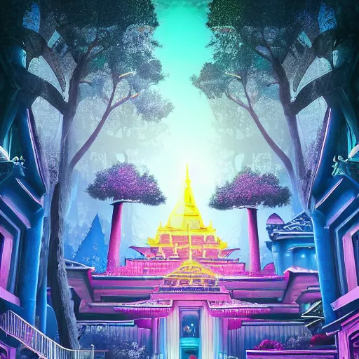 Prompt: mystical realistic poster with shaded lighting by arjun brooklyn radiant light, detailed and complex environment, solace, beautiful, utopic city in the sky with many buildings and temples reflecting an older ancient city on the ground with old growth pine trees, overlaid sacred geometry, with implied lines, gradient of hot pink and neon baby blue