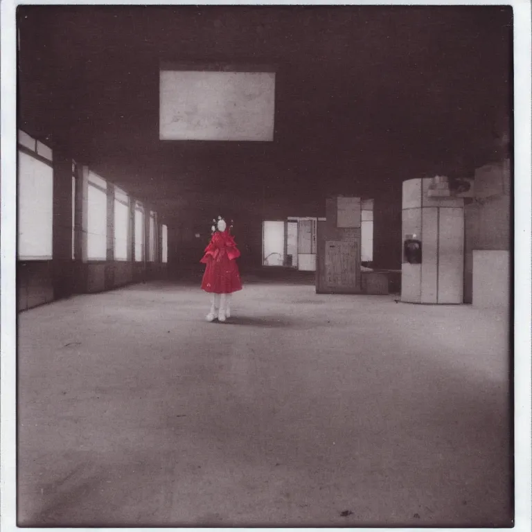 Prompt: atmospheric polaroid photo of reimu hakurei at an abandoned mall