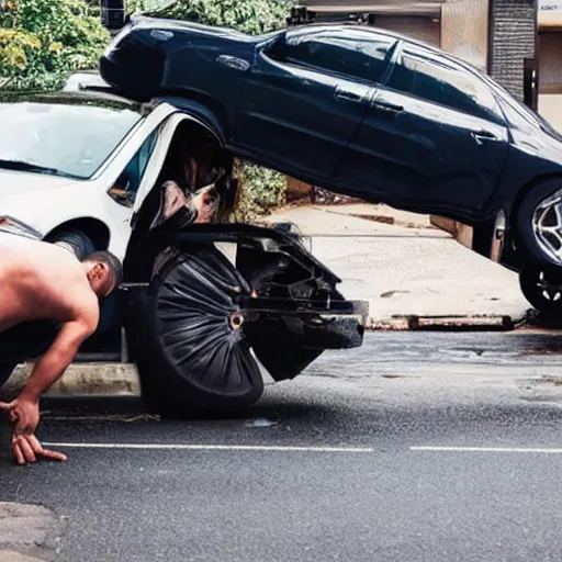 Prompt: a strong man lifting a car, the car is on top of him