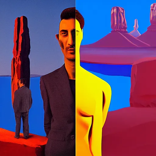 Image similar to ultra realistic portrait of cem yilmaz in a studio, ultra detailed, under blue, red and yellow cinematic lighting, salvador dali, cartoon, monument valley, escher