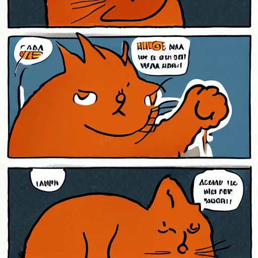 Prompt: fat orange tabby cat next to curly haired man and lasagna on table, by jim davis, garfield comic