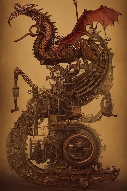 Prompt: illustration, old sick gold and crimsoned scaled asian style dragon on a steam punk plank of machinery with wires and gears and steam punk apparatus, matte painting, style of studio ghibli, featured in artstation and artgerm and pixiv, award winning, cinematic, intricate, 8 k