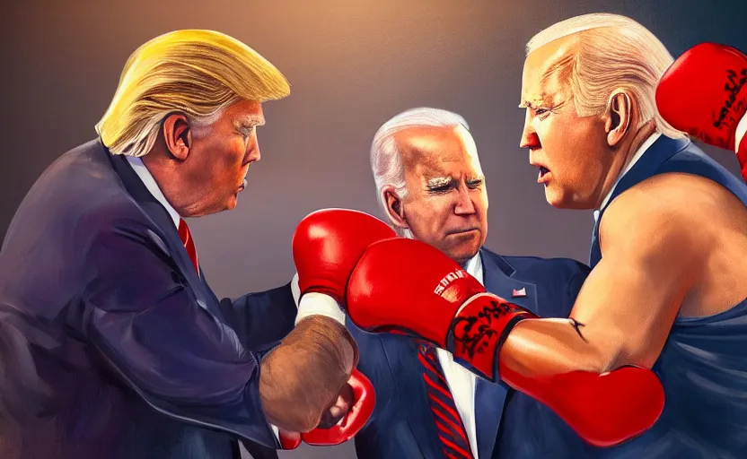 Image similar to a beautiful painting of donald trump and joe biden in a boxing match, cinematic angle, studio lighting, movie concept, trending on artstation, octane render, 8 k, ultra high detail