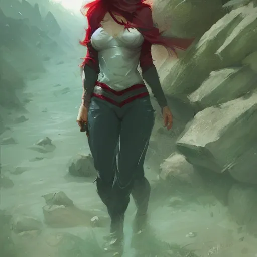 Image similar to a beautiful illustration of a woman with red hood walking between rocks, by greg rutkowski, digital artwork, artstation, cgartists, conceptartworld, deviantart, magic the gathering artstyle, floating magical rocks, lush green meadow