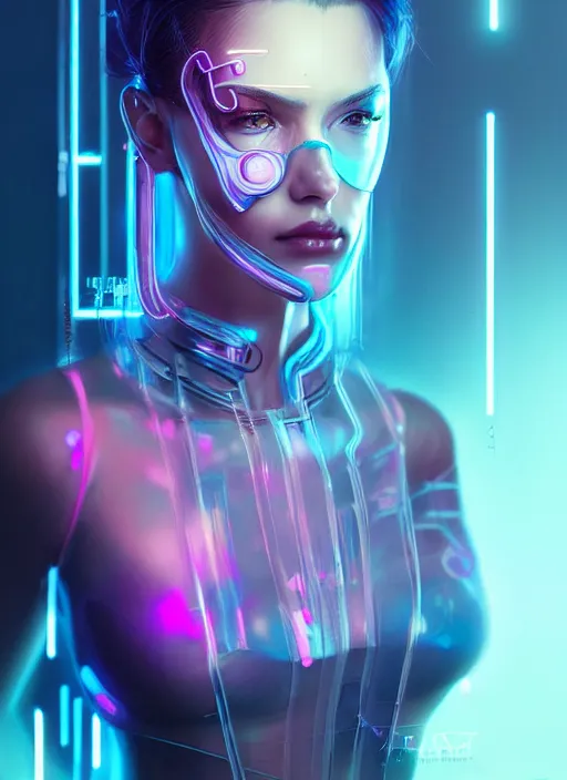 Image similar to portrait of female cyberpunk humanoid, transparent acrylic fashion wear, intricate, elegant, cyber neon lights, highly detailed, digital photography, artstation, glamor pose, concept art, smooth, sharp focus, art by artgerm and greg rutkowski