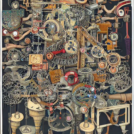 Image similar to a chaotic scene of many pairs of scissors and a crazy machine with lots of details and contraptions. the illustration is very detailed and intricate, with a lot of small elements that come together to create a cohesive whole. it uses a limited palette of colors, which helps to create a cohesive and unified look.