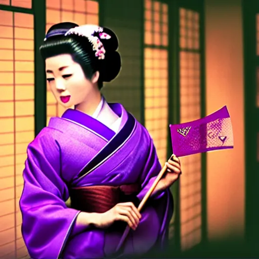 Image similar to Japanese geisha with beautiful violet paper fan, 4k photography, 30 mm lens, cinematic light, warm atmosphere, in style of Kar Wai Wong, cigarette smoke trail