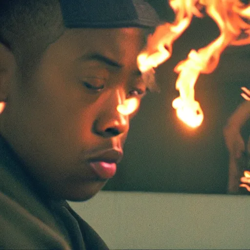 Prompt: cinematic film still of rapper Tyler The Creator starring as a Japanese Sensei with fire, Japanese CGI, VFX, 2003, 40mm lens, shallow depth of field, film photography