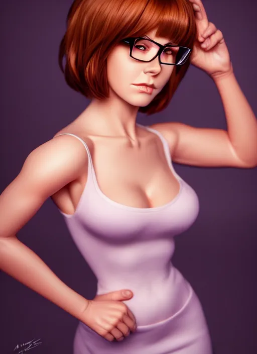 Image similar to photo of velma, professionally retouched, soft lighting, realistic, smooth face, full body shot, torso, dress, perfect eyes, sharp focus on eyes, 8 k, high definition, insanely detailed, intricate, elegant, art by artgerm and j scott campbell