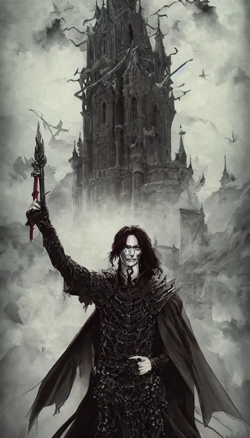 Image similar to Vampire Vladmir Putin over a Medieval Gothic Castle, by Ayami Kojima, studio ghibli, cinematic lighting, intricate, highly detailed, digital painting, trending on artstation, Illustration, epic scale