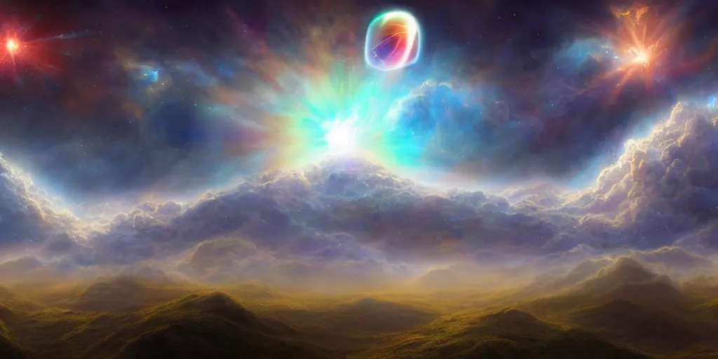 Image similar to Cosmic inflation bubbles peaking through the clouds, ascended master floating in the center emitting rays of consciousness concept art, matte painting, 8k, highly detailed, artstation, fluffy clouds, high quality,