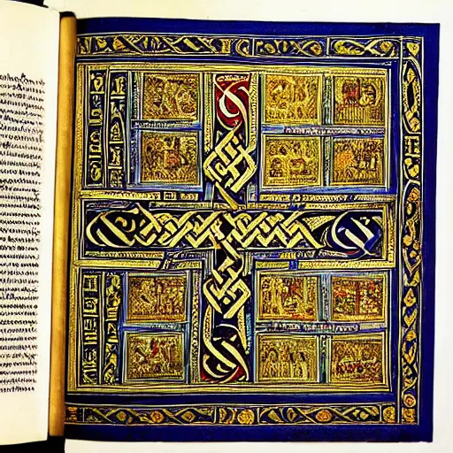 Prompt: The Book of Kells (c. 800 CE) is an illuminated manuscript of the four gospels of the Christian New Testament, currently housed at Trinity College, Dublin, Ireland. The work is the most famous of the medieval illuminated manuscripts for the intricacy, detail, and majesty of the illustrations. It is thought the book was created as a showpiece for the altar, not for daily use, because more attention was obviously given to the artwork than the text.