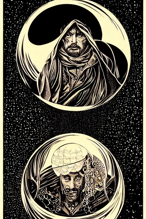 Prompt: cloaked steampunk wizard looking into a crystal ball, high details, intricately detailed, by vincent di fate, inking, 3 color screen print, masterpiece, trending on artstation,, sharp, details, hyper - detailed, hd, 4 k, 8 k