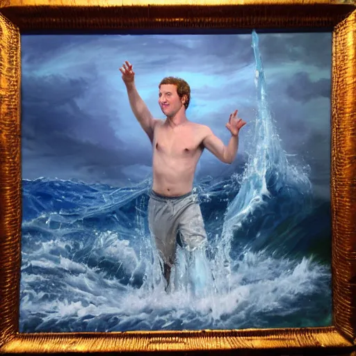 Prompt: mark zuckerberg as poseidon emerging out of the water, oil painting