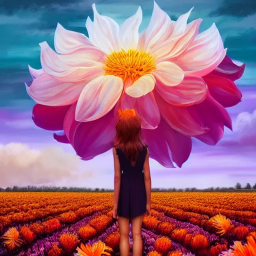 Image similar to giant dahlia flower as head, full body girl standing in a flower field, surreal photography, sunrise, dramatic light, impressionist painting, colorful clouds, digital painting, artstation, simon stalenhag