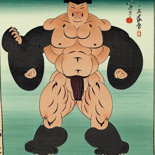 Prompt: a edo period japanese painting of an incredibly buff bear with massive muscles 4 k, high resolution, still, landscape, hd, dslr, hyper realistic, body builder, mr universe