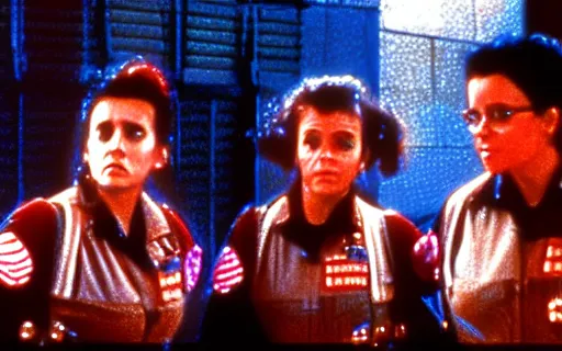 Prompt: full - color cinematic movie still from the 1 9 8 4 film ghostbusters starring young jennifer connelly and alyssa milano and lea thompson as ghostbusters. detailed facial - features ; supernatural ; action ; comedy.