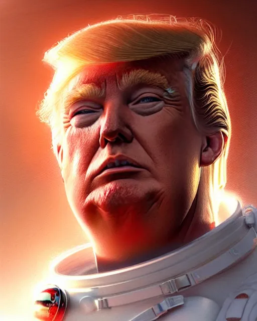 Image similar to donald trump, spacesuit, real life skin, intricate, highly detailed, artstation, concept art, smooth, sharp focus, art by artgerm and greg rutkowski