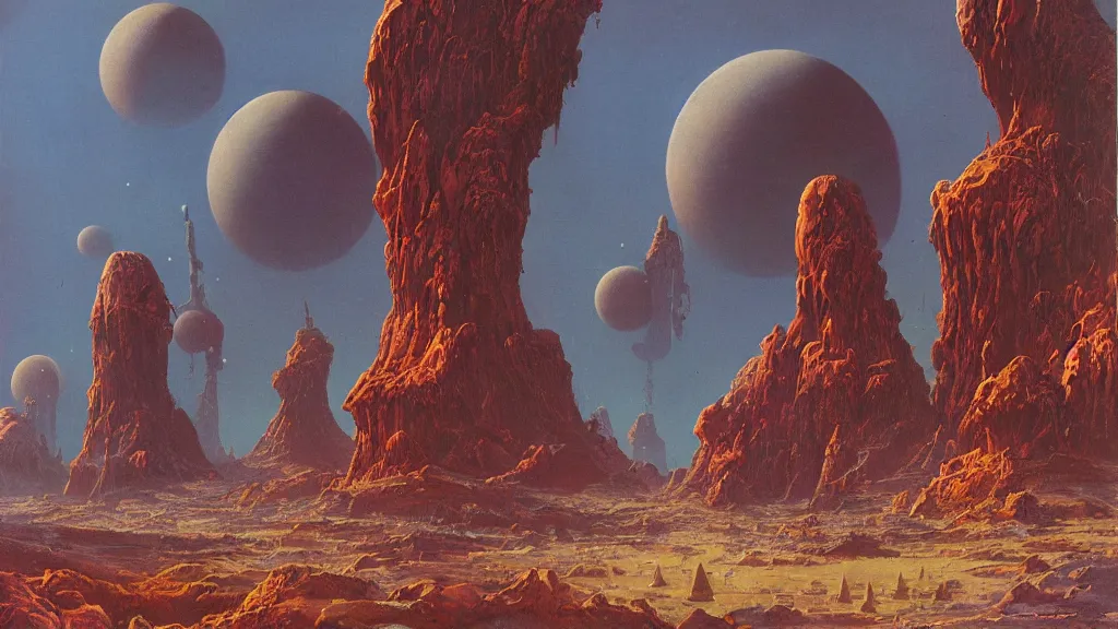 Prompt: strange otherworldly atmospherics of an alien planet by arthur haas and bruce pennington and paul lehr, cinematic matte painting