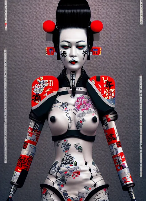 Prompt: full body portrait of a punk geisha robot with kanji tattoos and decals wearing a digital pixelated kimono, intricate design, photo - realistic, octane render, dark colour palette, ultra fine detailed, character design, trending on artstation