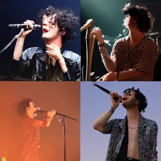 Prompt: the 1 9 7 5 performing at coachella, band performance, close up pictures of matty healy, joy, crowd