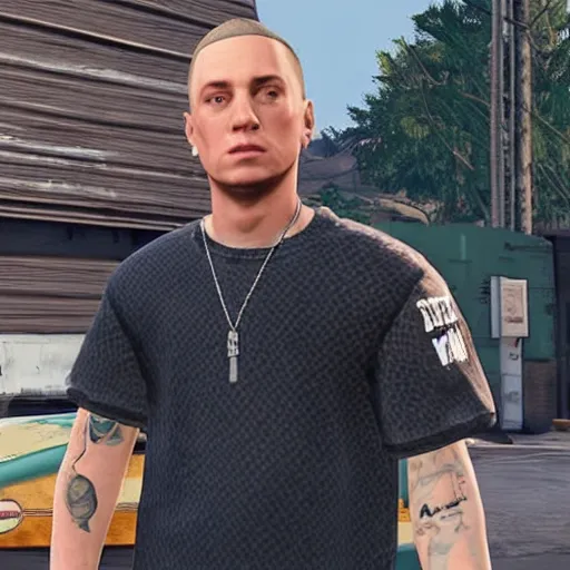Prompt: A screenshot of Eminem (Marshall Mathers) in GTA 5