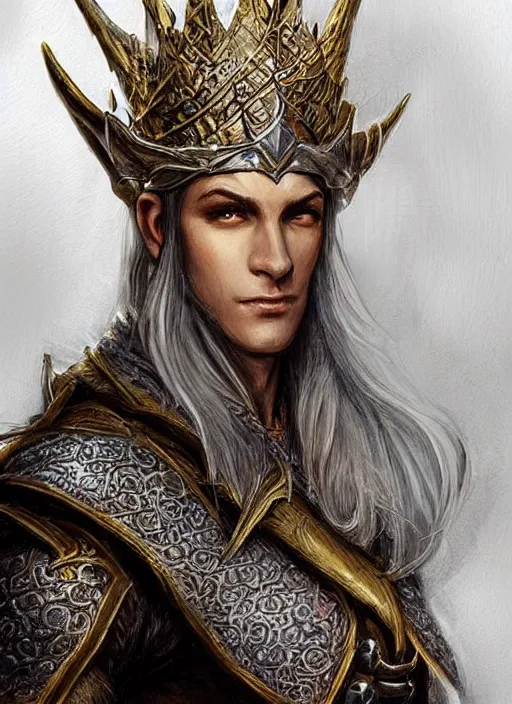 Image similar to elegant elven king wearing a crown, ultra detailed fantasy, dndbeyond, bright, colourful, realistic, dnd character portrait, full body, pathfinder, pinterest, art by ralph horsley, dnd, rpg, lotr game design fanart by concept art, behance hd, artstation, deviantart, hdr render in unreal engine 5