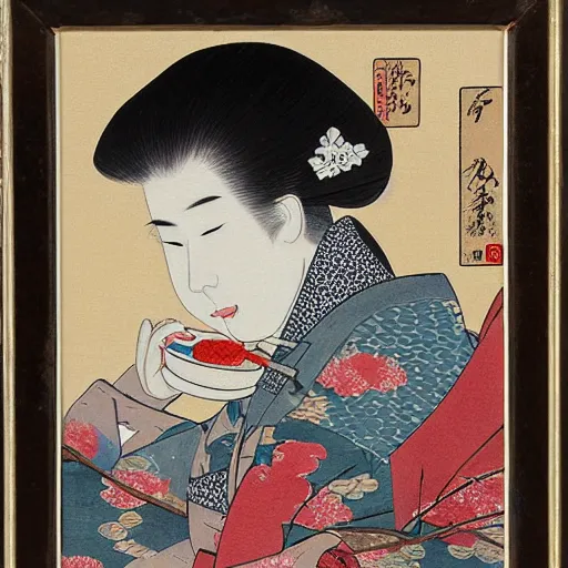 Prompt: Fox woman wearing a kimono, sitting outside in the early morning drinking tea, Japanese style painting, high detail