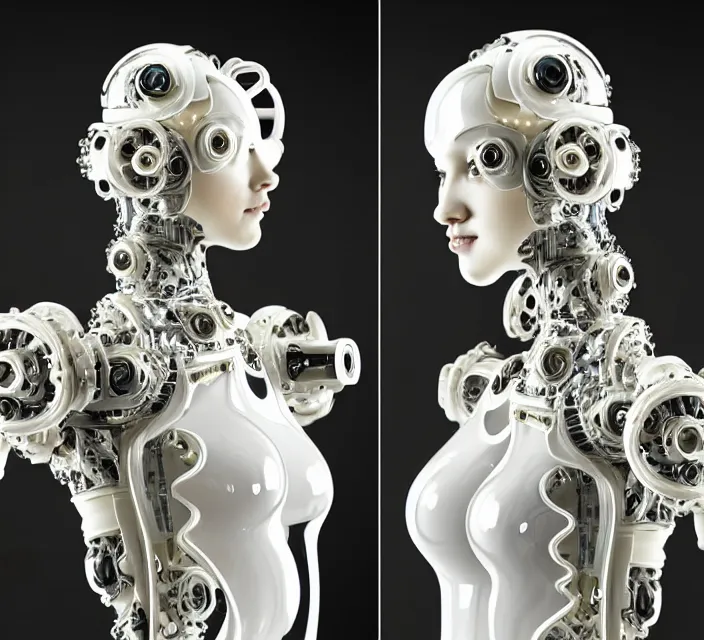 Image similar to beautiful cybernetic baroque robot, beautiful baroque porcelain face + body is clear plastic, inside organic robotic tubes and parts, symmetric, front facing, wearing translucent baroque rain - jacket + symmetrical composition + intricate details, hyperrealism, wet, reflections + by alfonse mucha and moebius, no blur dof bokeh
