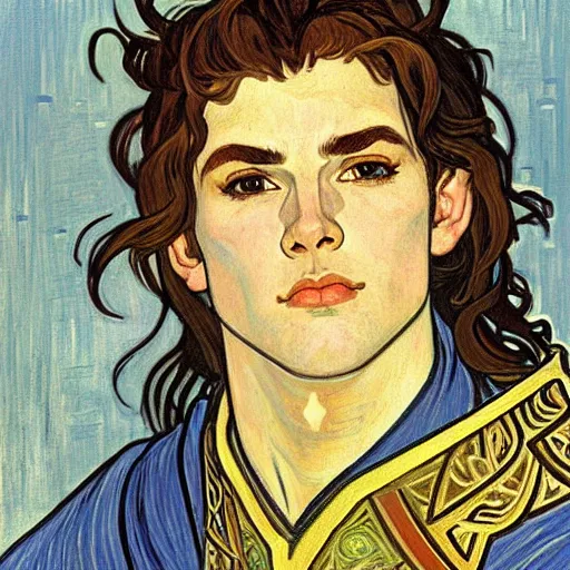 Image similar to portrait painting of young handsome beautiful paladin elf!! man with long! wavy dark hair and blue eyes in his 2 0 s named taehyung minjun james fighting a group of goblins, pale, wearing armor!, modest, elegant, cute, delicate, soft facial features, art by alphonse mucha, vincent van gogh, egon schiele,