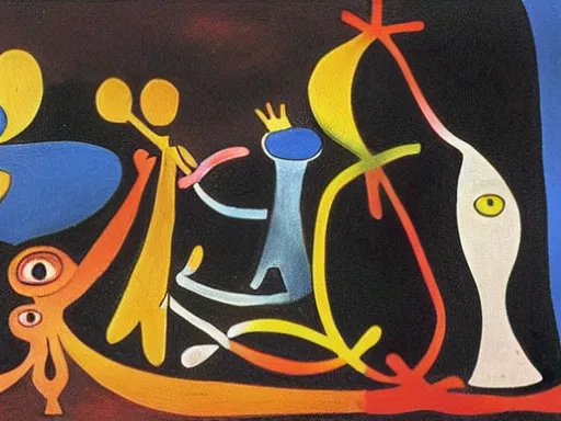 Prompt: oil painting of strange beings in a temple, Joan Miro, Oskar Schlemmer,