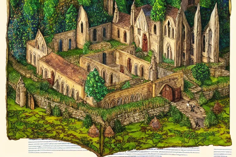 Image similar to an elaborate and dense painting of the peaceful redwall abbey in mossflower wood, detailed, made of alcohol ink on parchment and penned illustrations, by brian jacques and greg rutowski