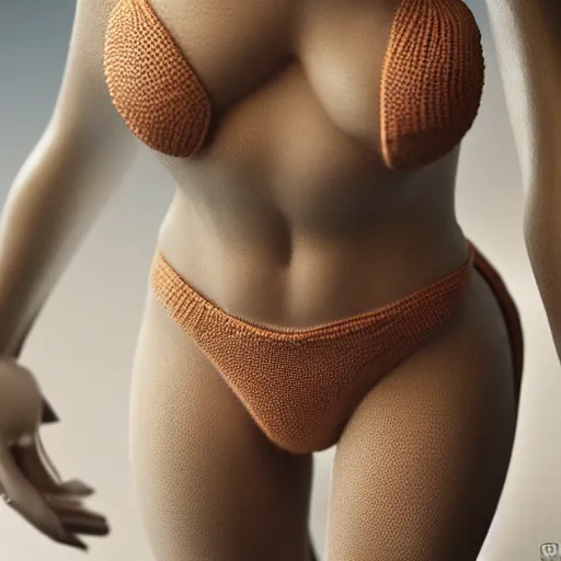 Image similar to full body pose, hyperrealistic photograph ofknitted bikini, dim volumetric lighting, 8 k, octane beautifully detailed render, extremely hyper detailed, intricate, epic composition, cinematic lighting, masterpiece, trending on artstation, very very detailed, stunning, hdr, smooth, sharp focus, high resolution, award, winning photo, dslr, 5 0 mm